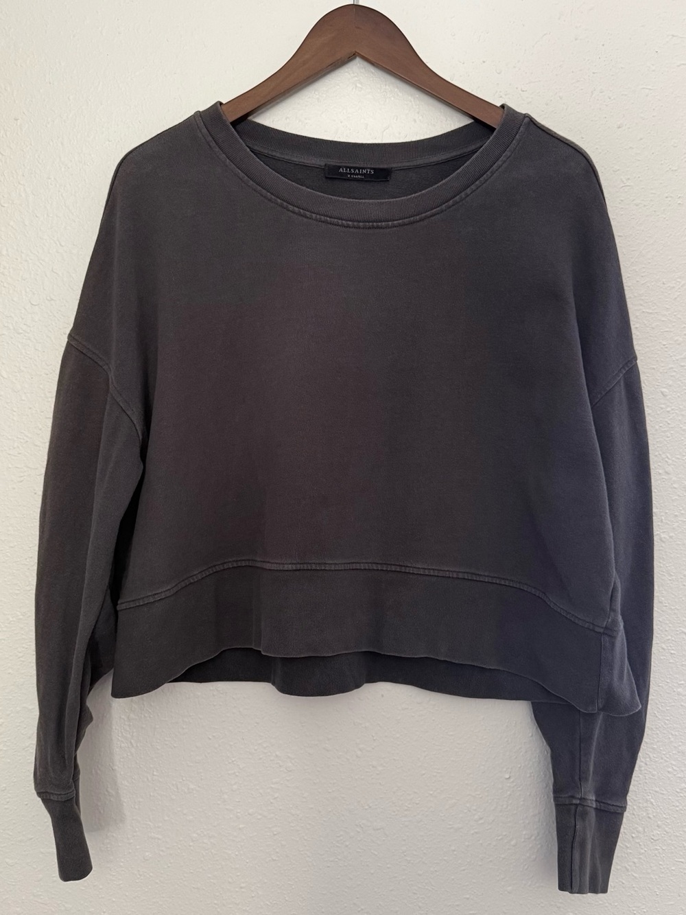 AllSaints Marina Sweatshirt XS Washed Charcoal Ruched Sleeve Cropped Pullover